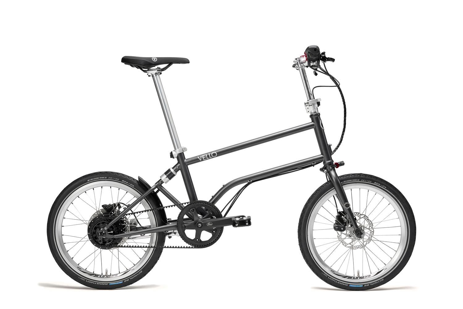 Ein entfaltetes VELLO 3x3 Nine Edition Faltrad / Klapprad in der Farbe Anthrazit, mit 20 Zoll Schwalbe Marathon Reifen.