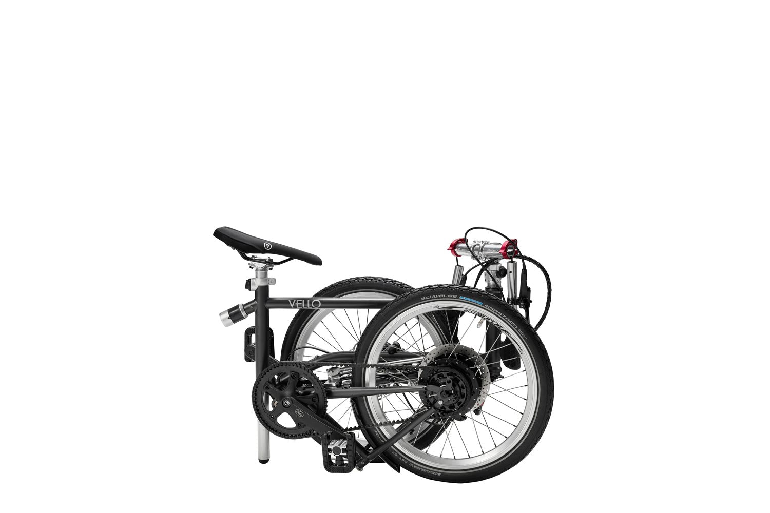 Ein gefaltetes VELLO 3x3 Nine Edition Faltrad / Klapprad in der Farbe Anthrazit, mit 20 Zoll Schwalbe Marathon Reifen.