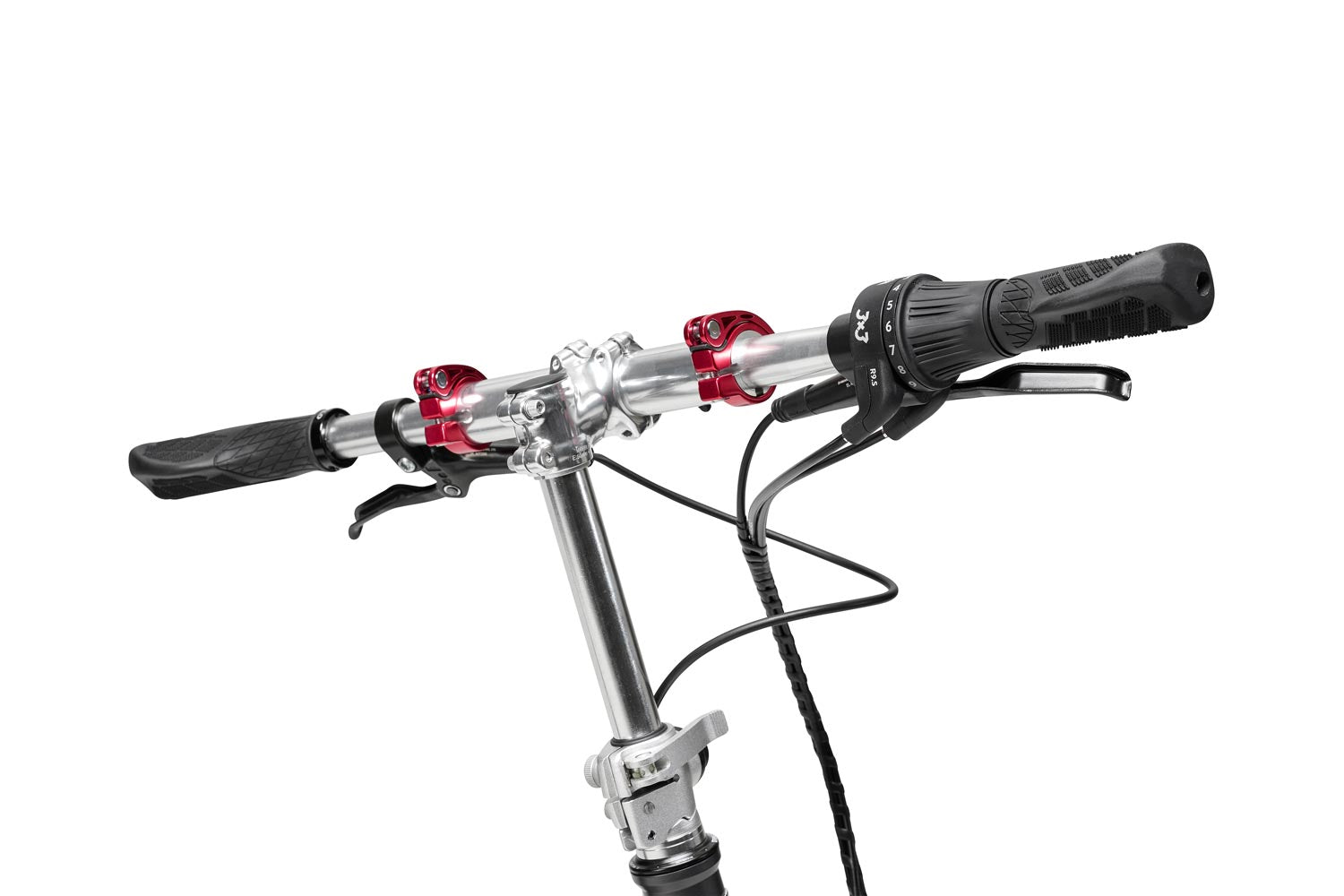Die Lenker mit der 9 Gangschaltung des VELLO 3x3 Nine Edition Faltrad / Klapprades in der Farbe Anthrazit, mit 20 Zoll Schwalbe Marathon Reifen.