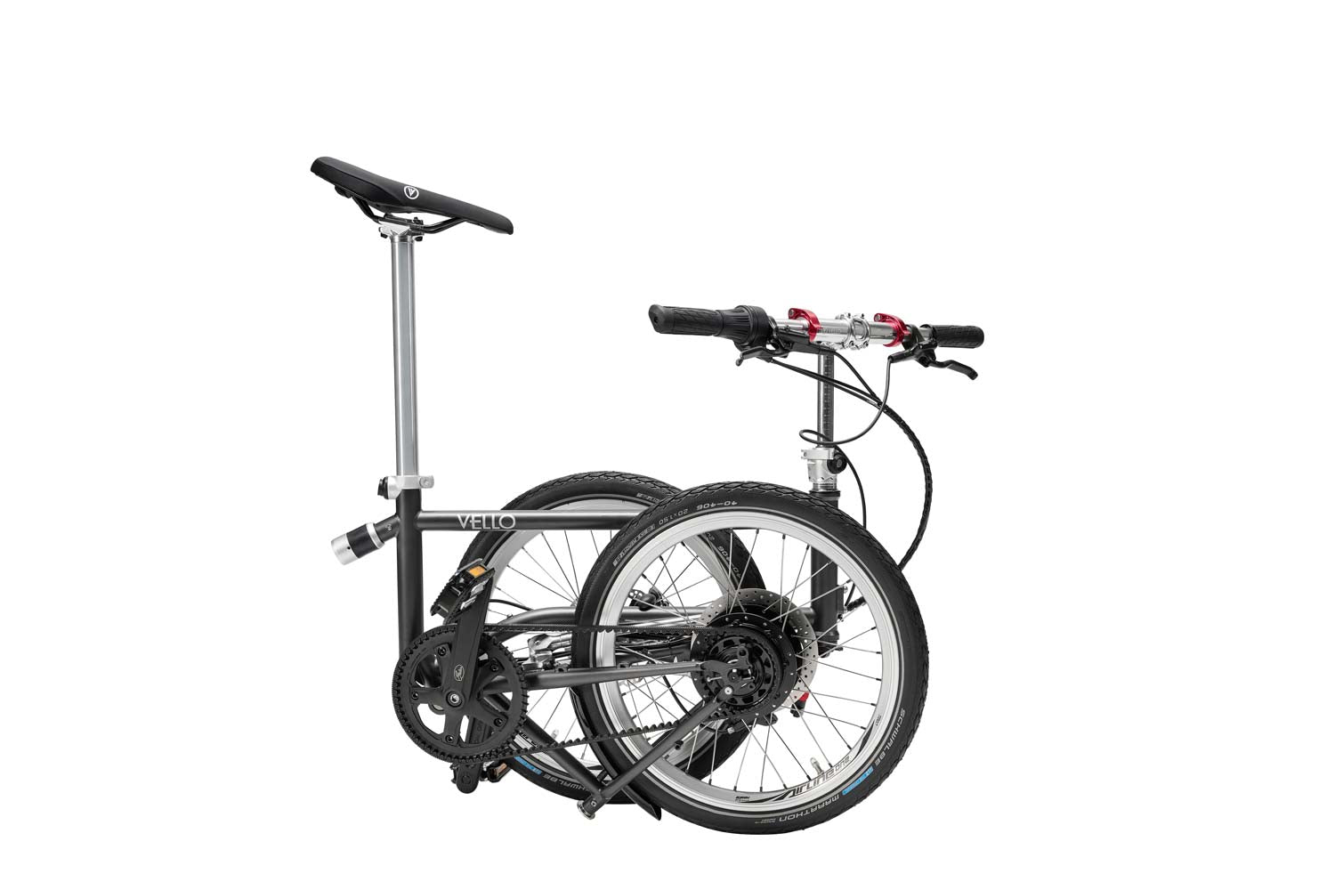 Ein gefaltetes VELLO 3x3 Nine Edition in der Farbe Anthrazit, mit 20 Zoll Schwalbe Marathon Reifen mit entfalteten Griffen .