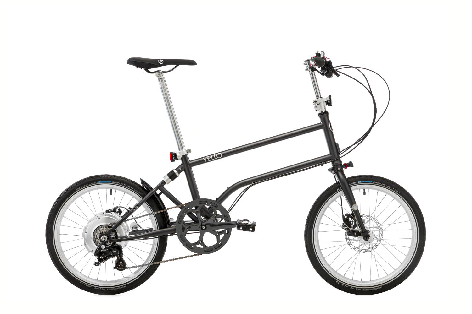 Ein entfaltetes VELLO BIKE plus Gears Faltrad / Klapprad in der Farbe Anthrazit, mit 20 Zoll Schwalbe Reifen .