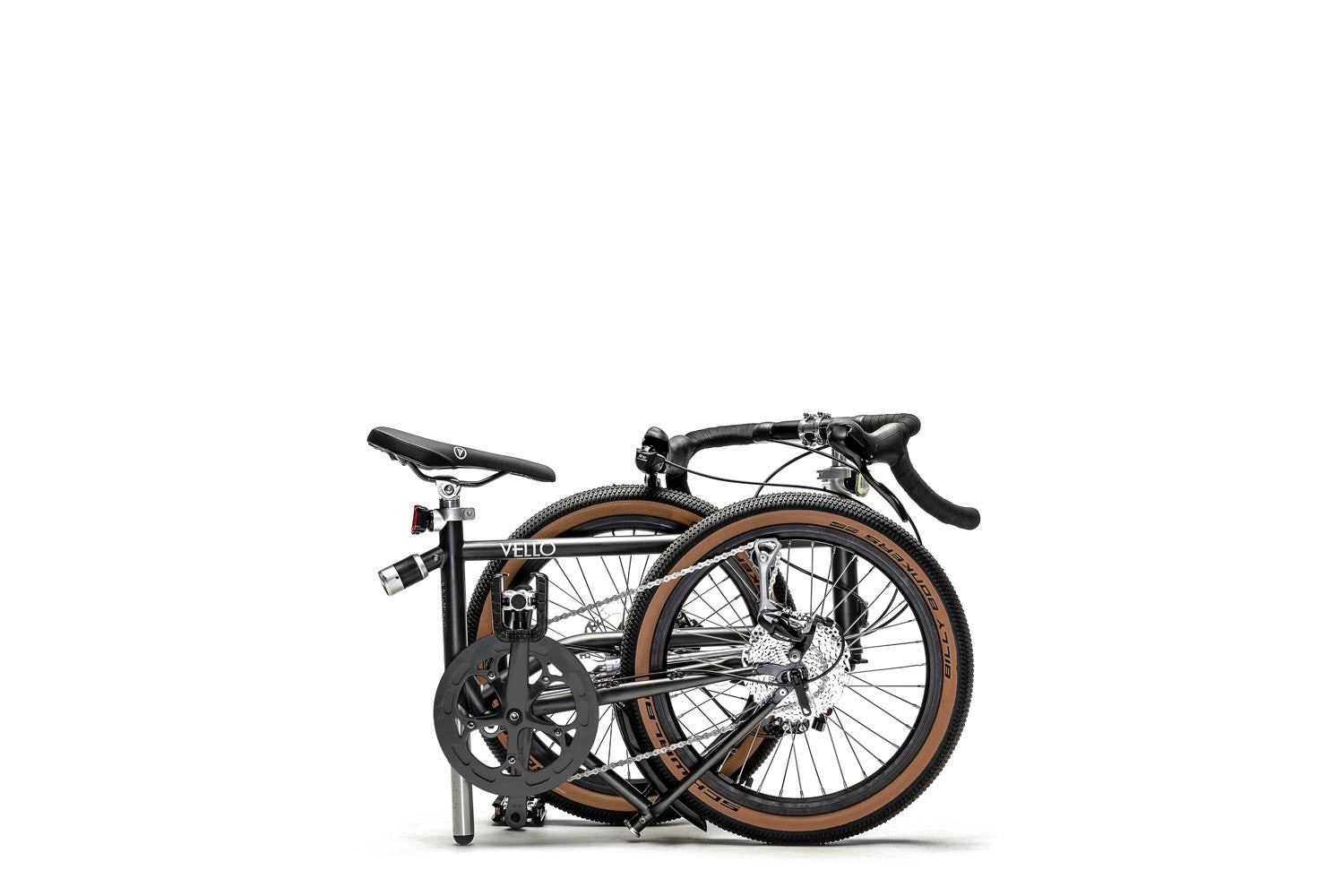 Ein gefaltetes VELLO Gravel Faltrad / Klapprad in der Farbe Anthrazit, mit 20 Zoll Billy Bonkers Reifen.