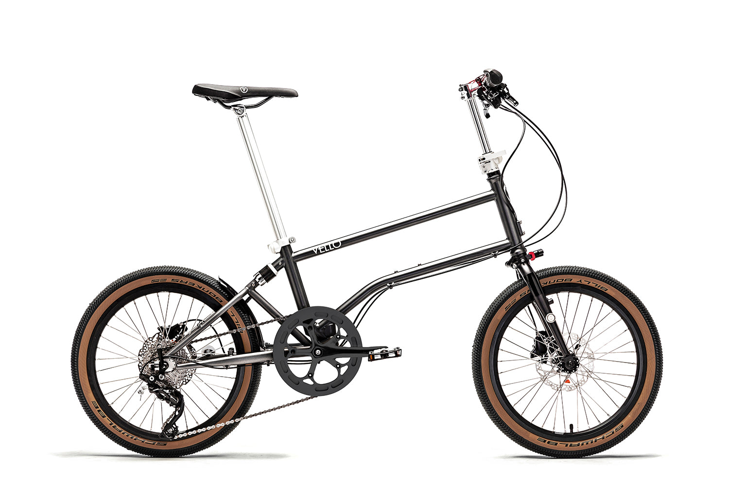 Ein entfaltetes VELLO Rocky Bonkers Faltrad / Klapprad in der Farbe Anthrazit, mit den 20 Zoll Billy Bonkers Reifen.