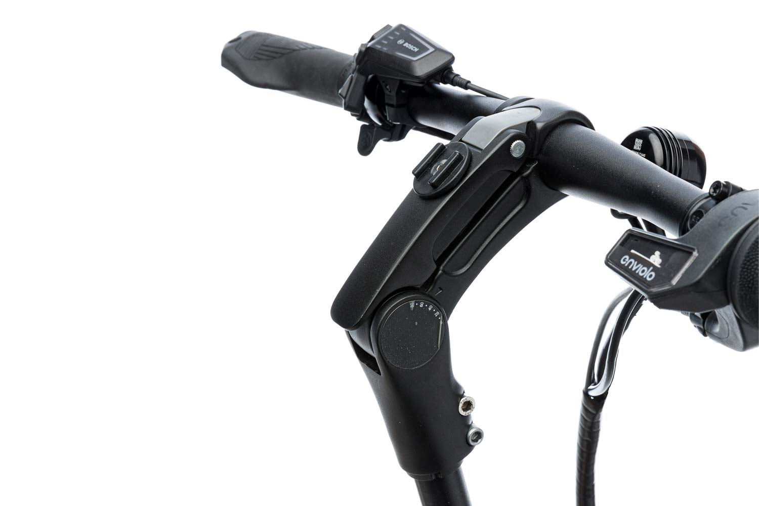 Der Lenker vom VELLO SUB Lastenrad mit Vorbau Grad Ausrichtung und mit Bosch Fernbedienung am Lenker dran.