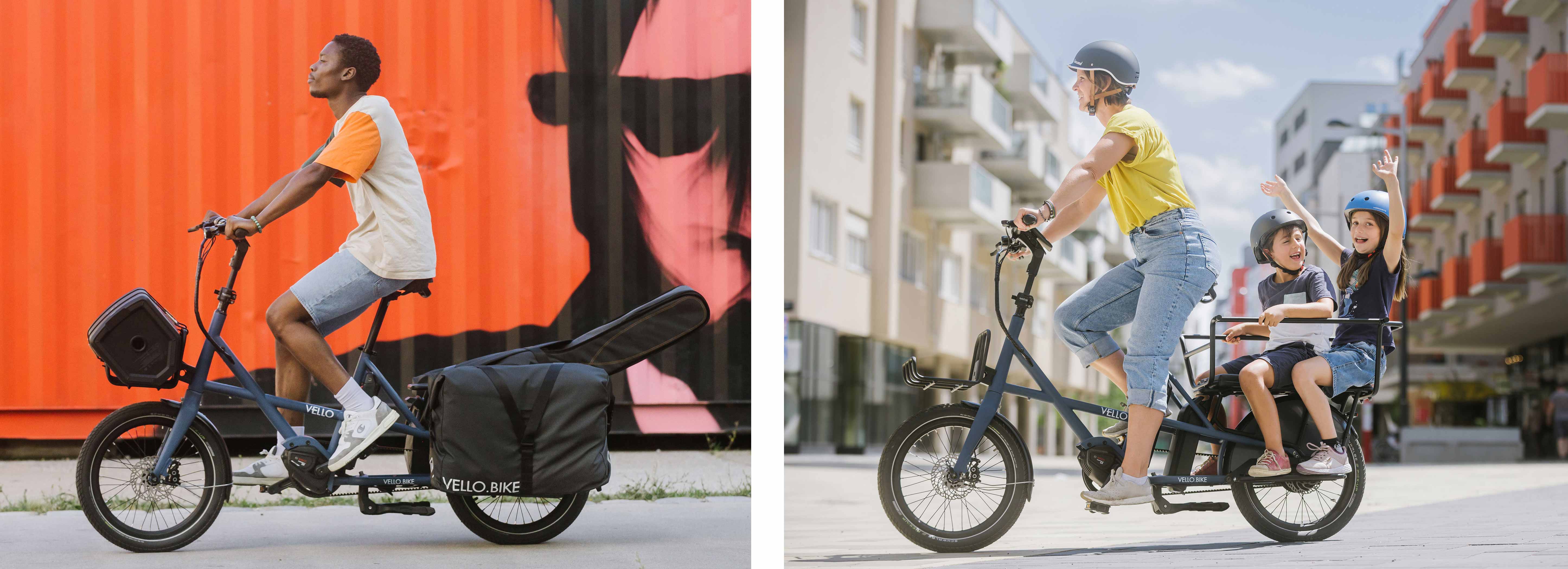 VELLO SUB Cargo Bike Chromoli Blau links mit männlichem Fahrer und Beladung auf Front und Heckgepäckträger, rechts mit weiblicher Fahrerin und zwei Kindern auf der Ladefläche des Heckgepäckträgers