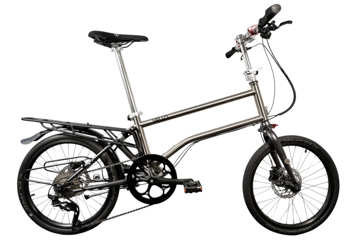 Ein Bild eines VELLO-Fahrrads mit faltbarem Gepäckträger.