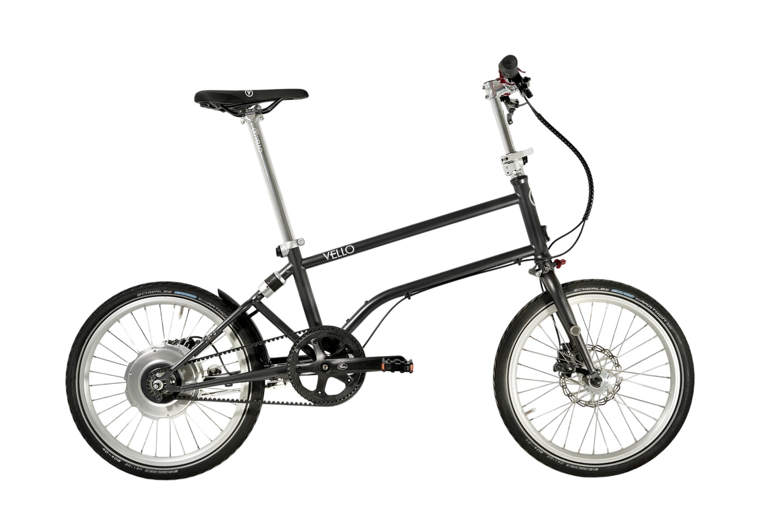 Ein entfaltetes VELLO BIKE plus Automatic Faltrad / Klapprad in der Farbe Anthrazit, mit 20 Zoll Schwalbe Marathon Reifen.