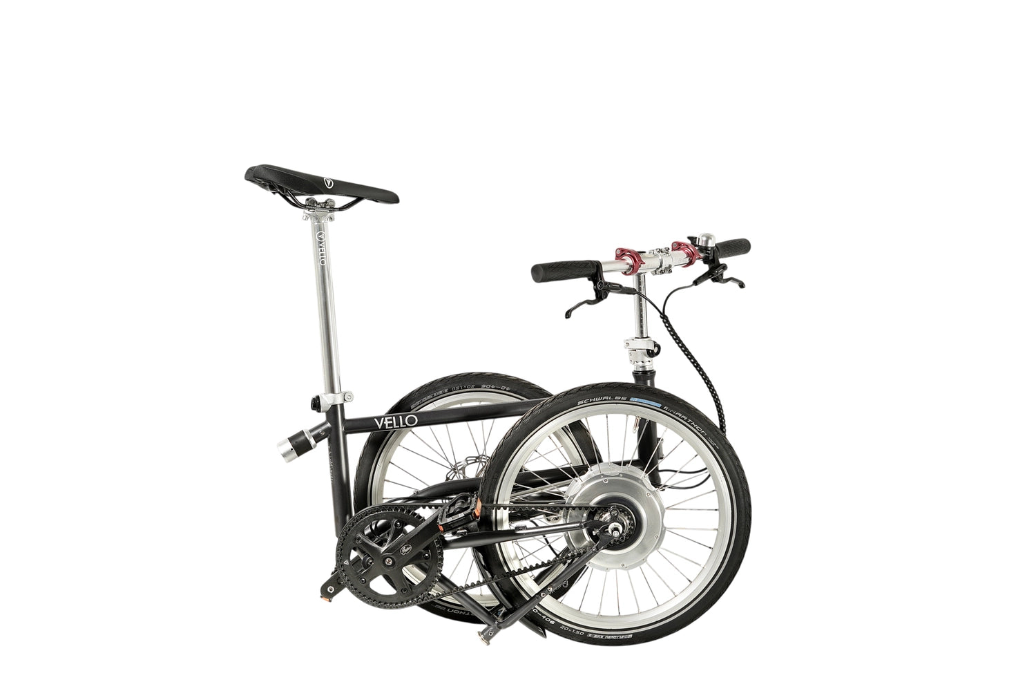 Ein gefaltetes VELLO BIKE plus Automatic Faltrad / Klapprad in der Farbe Anthrazit, mit 20 Zoll Schwalbe Marathon Reifen und entfalten Lenkern.
