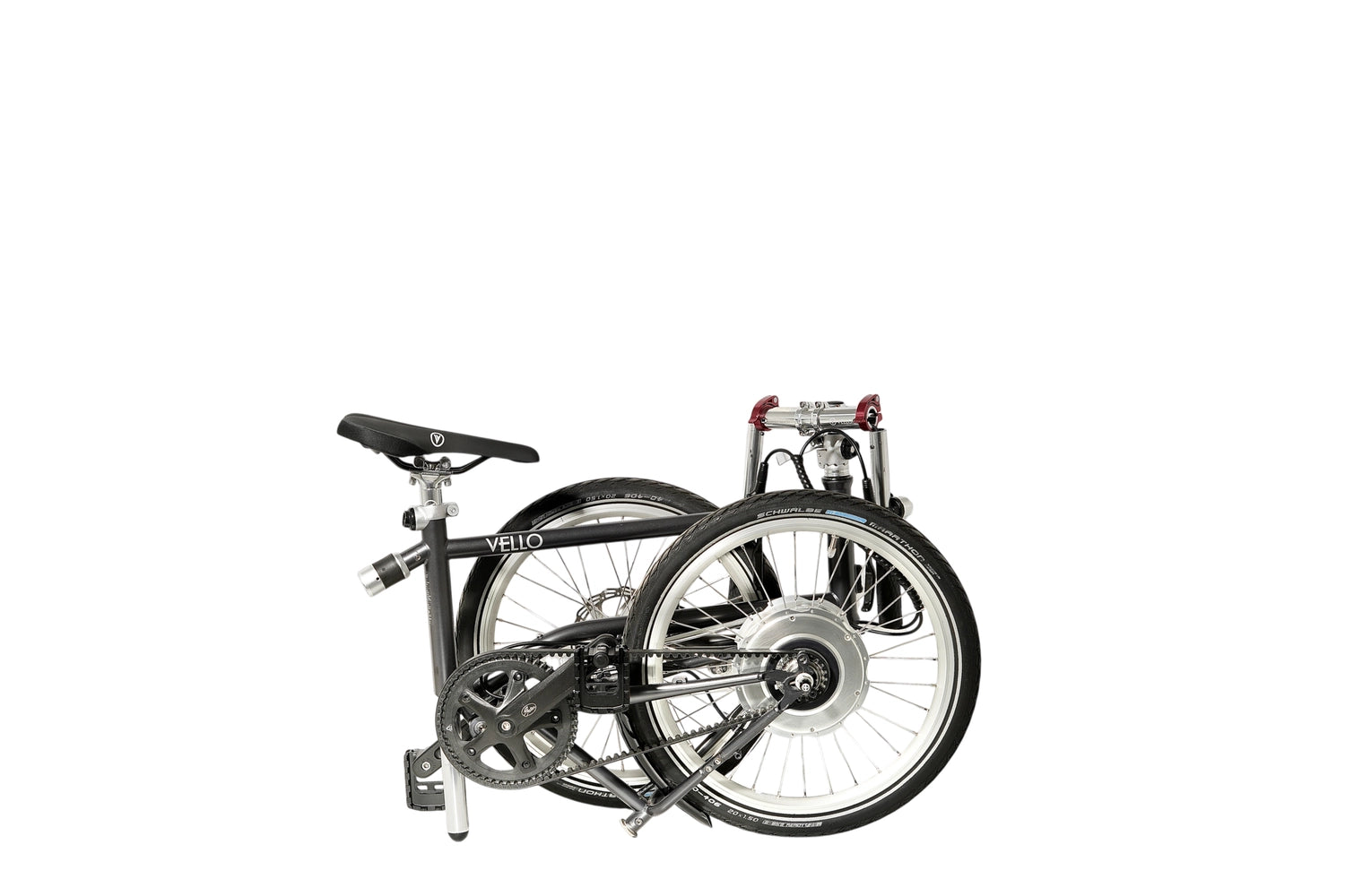 Ein gefaltetes VELLO BIKE plus Automatik Faltrad / Klapprad in der Farbe Anthrazit, mit 20 Zoll Schwalbe Marathon Reifen.
