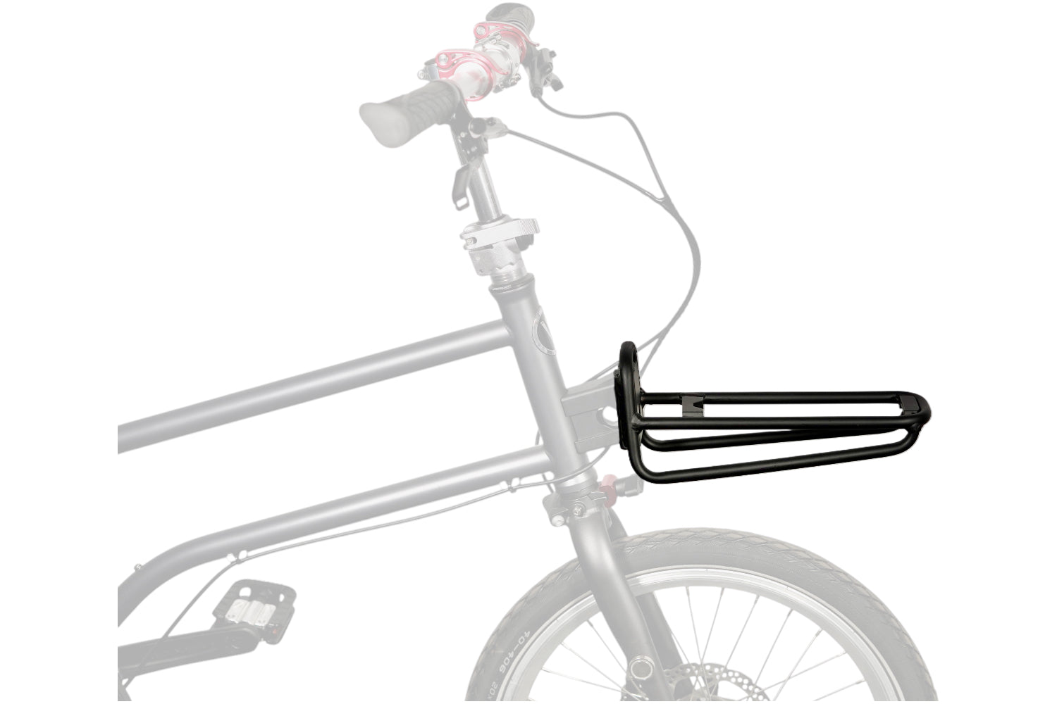 Der vordere Teil eines VELLO Faltrad (transparent) mit dem MIK-Frontgepäckträger (nicht transparent).