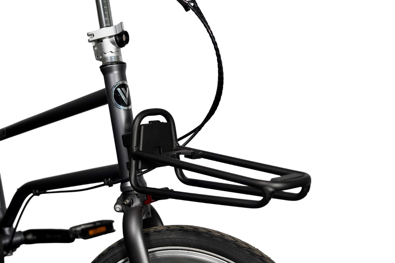 Der vordere Teil eines VELLO Faltrad mit dem MIK-Frontgepäckträger.