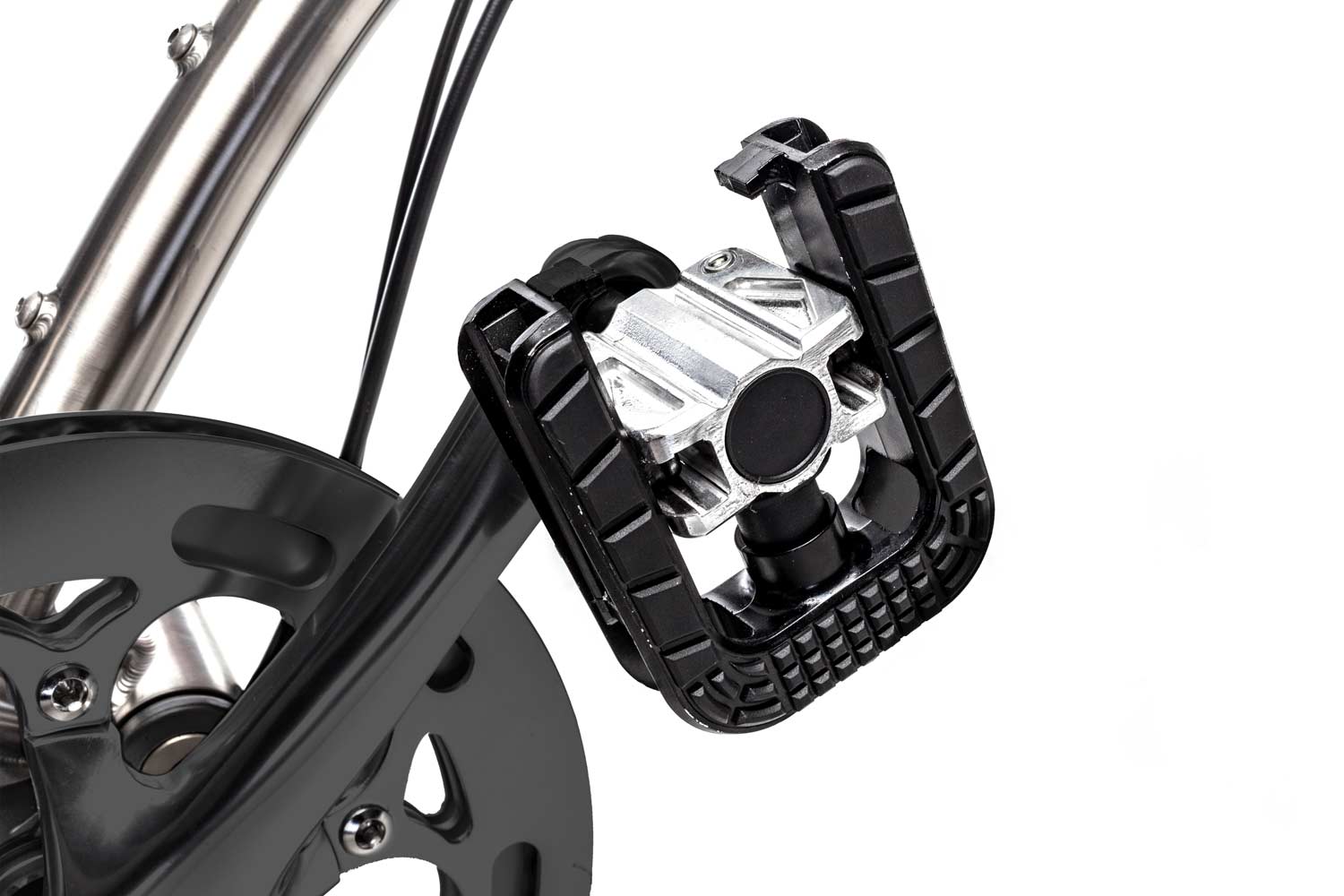Die faltbaren Voll-Aluminium Pedale des VELLO Rocky Titan Faltrad / Klapprad in der Farbe Titan gebürstet.

