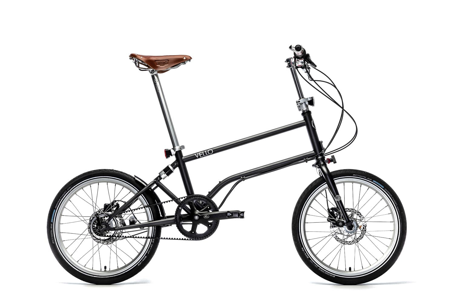Ein entfaltetes VELLO Rohloff-Special-Edition Faltrad / Klapprad in der Farbe Anthrazit, mit 20 Zoll Schwalbe Marathon Reifen, mit dem honigbraunen Sattel und faltbaren honigbraunen Lenkern.
