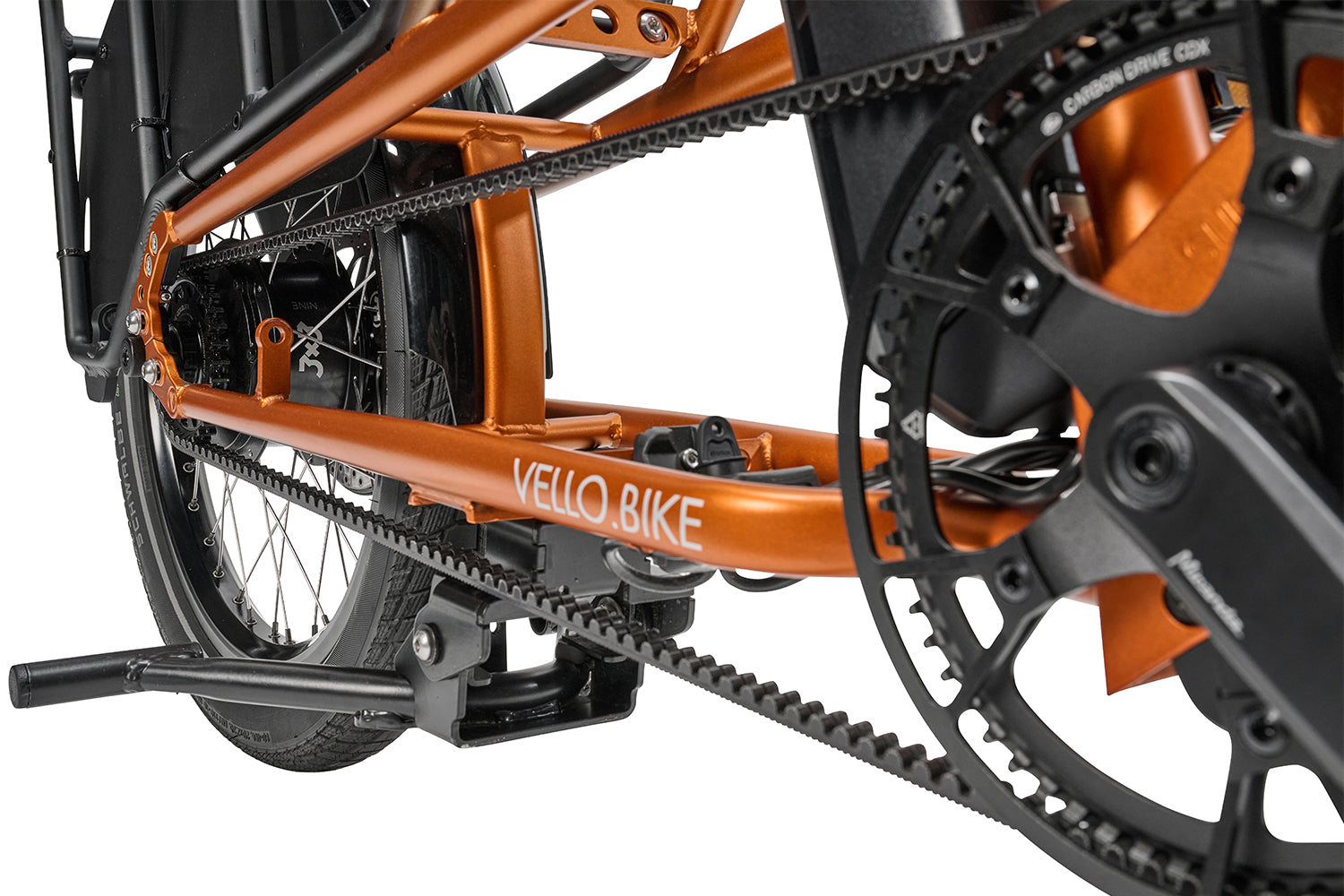 Das Schaltwerk und die Riemen eines VELLO 3x3 Lastenrad.
