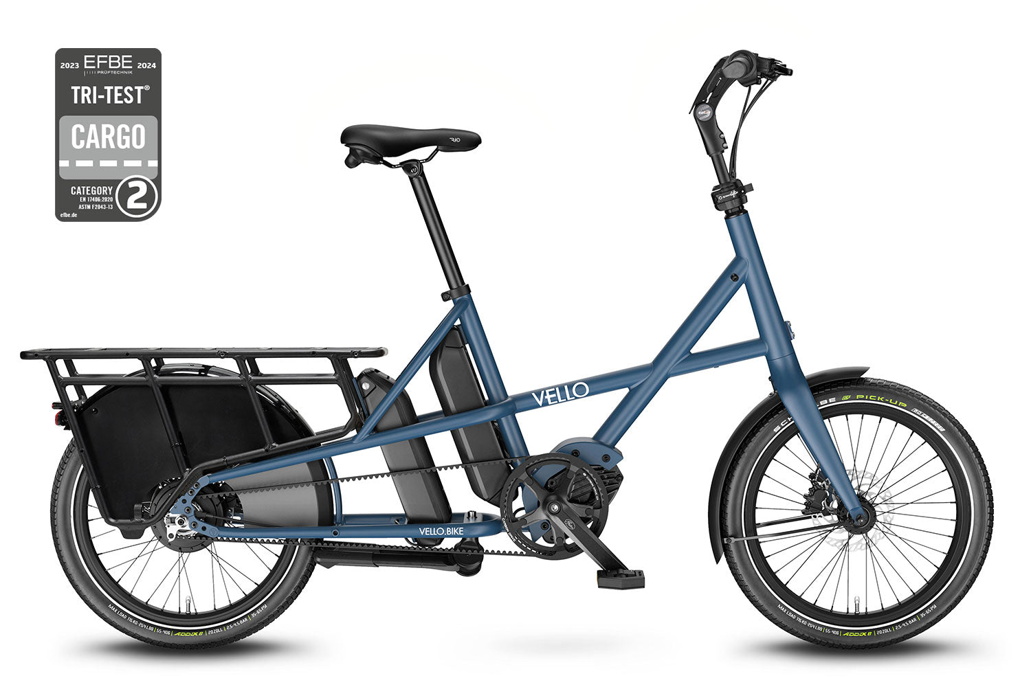 Ein VELLO SUB Lastenrad aus Chromoly-Stahl in der Farbe Blau, mit 20’’ Schwalbe Pick Up Reifen.
