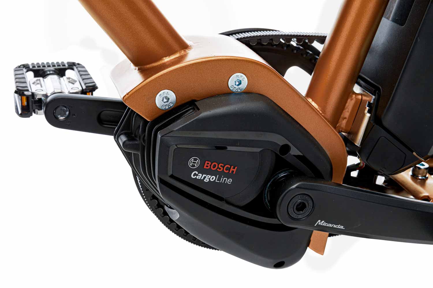 Der Bosch Motor für das VELLO SUB Lastenrad, beim Trittwerk angebracht.
