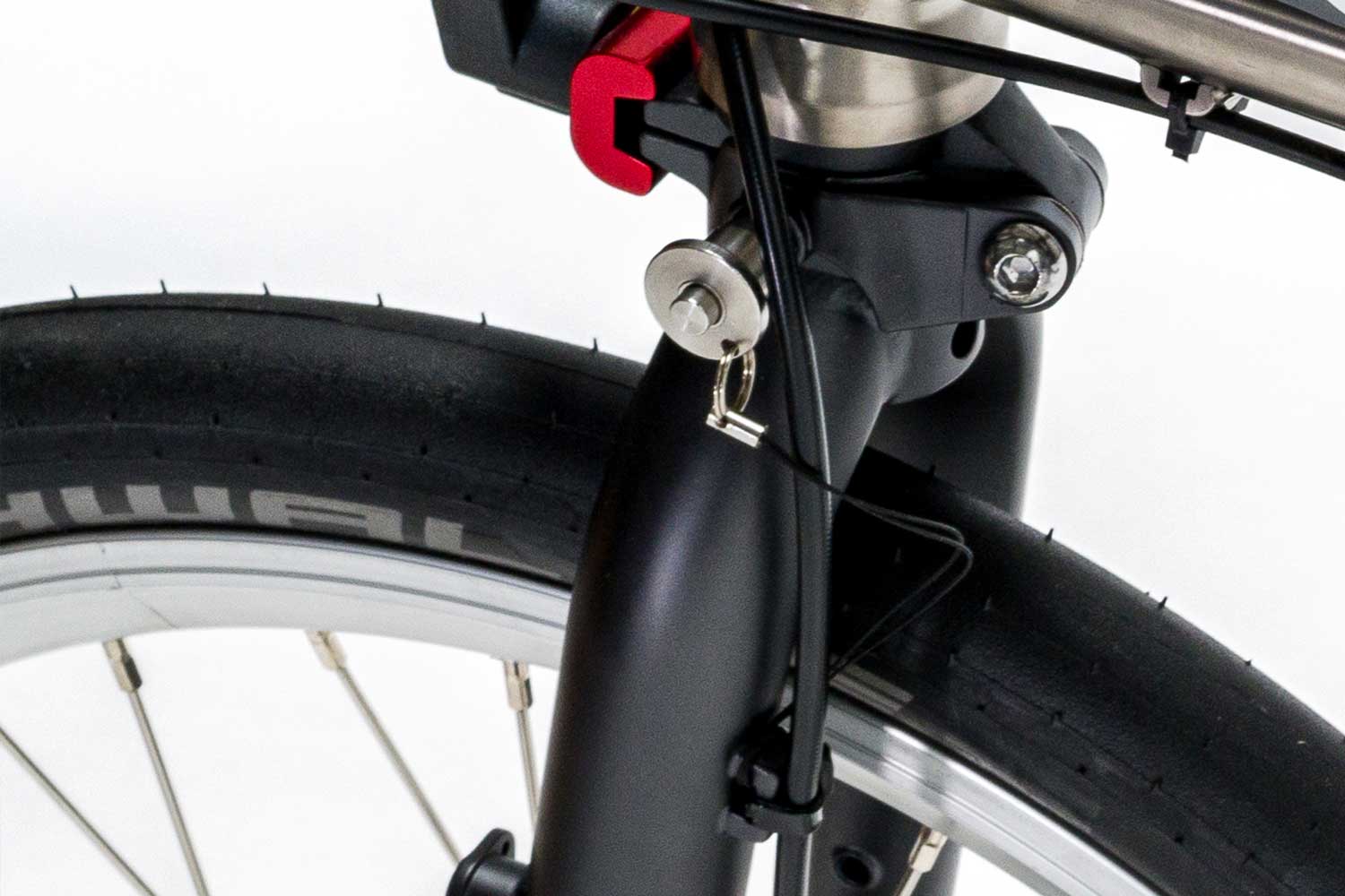 Der Sicherungssplint in der Gabel eines VELLO Faltrad / Klapprad .