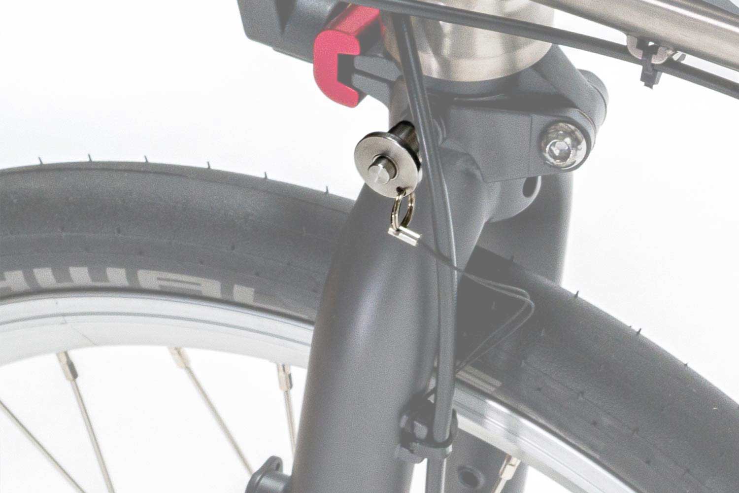 Der Sicherungssplint in der Gabel eines VELLO Faltrad / Klapprad .